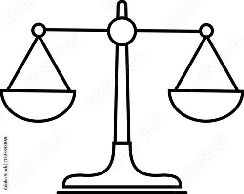 Scale of justice outline vector icon. Minimalist black silhouette of balance scale representing justice, fairness, equilibrium and libra concepts. Law and legal icon isolated on transparent background