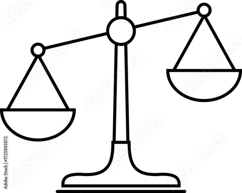 Scale of justice outline vector icon. Minimalist black silhouette of balance scale representing justice, fairness, equilibrium and libra concepts. Law and legal icon isolated on transparent background