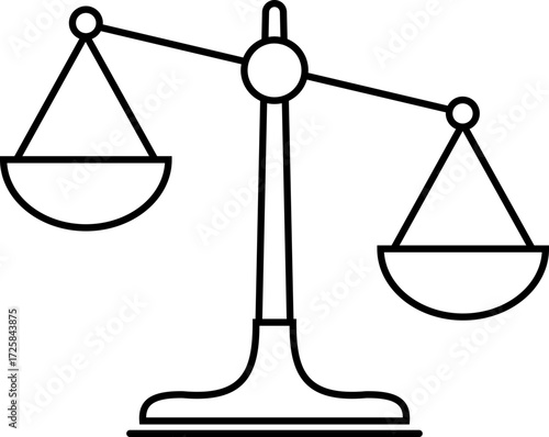 Scale of justice outline vector icon. Minimalist black silhouette of balance scale representing justice, fairness, equilibrium and libra concepts. Law and legal icon isolated on transparent background