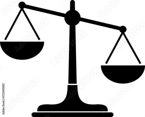 Scale of justice vector icon. Minimalist black silhouette of a balance scale representing justice, fairness, equilibrium and libra concepts. Law and legal icon isolated on transparent background.