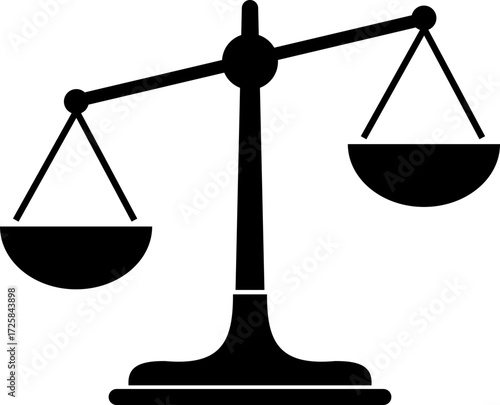 Scale of justice vector icon. Minimalist black silhouette of a balance scale representing justice, fairness, equilibrium and libra concepts. Law and legal icon isolated on transparent background.