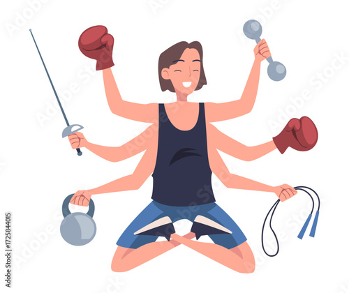 Multitasking Woman Character with Many Hands Do Sport Vector Illustration
