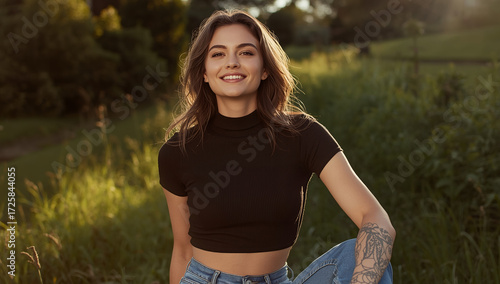 Portrait of a beautiful young woman with brown hair, smiling and sitting outdoors in a sunny field, wearing a fitted black crop top and jeans, embodying a peaceful lifestyle and natural beauty.
