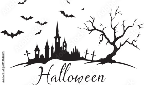 Spooky Halloween Silhouette with Bats Castle and Graveyard Tree Design
