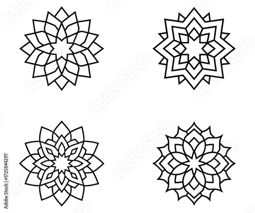 Set of Four geometric mandala designs intricate line art patterns