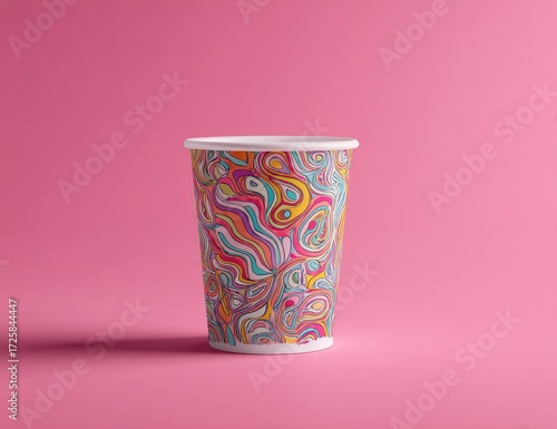 Colorful paper cup on pink background