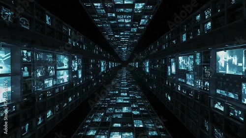 Endless Technology Data Tunnel With Holographic Screens Seamless Loop