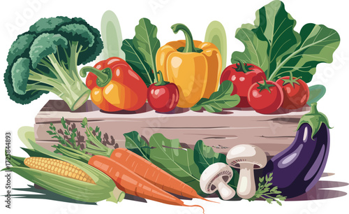 Fresh organic vegetables on rustic wooden box, colorful healthy food arrangement, natural farm harvest, vegetarian cooking ingredients, nutritious seasonal produce display