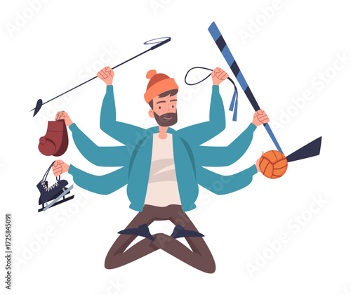 Multitasking Man Character with Many Hands Do Sport Vector Illustration