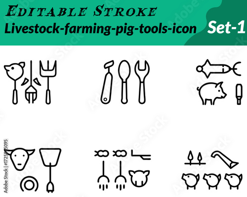 Livestock farming pig tool icon. character illustrated in a modern flat vector style, featuring a pig silhouette or pig face combined with essential farm tools like a pitchfork, shovel or feed bucket.