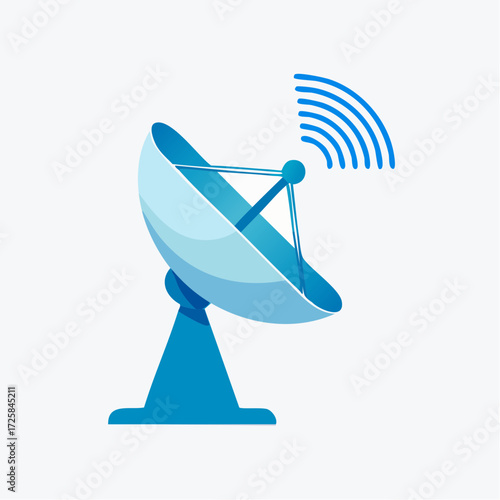 Illustration of a light blue satellite dish with signal waves, used for communication.