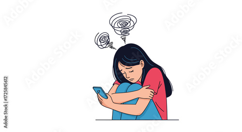 A young woman feels overwhelmed and anxious while looking at her phone.