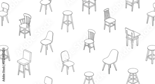 A collection of various chairs in a repeated pattern.