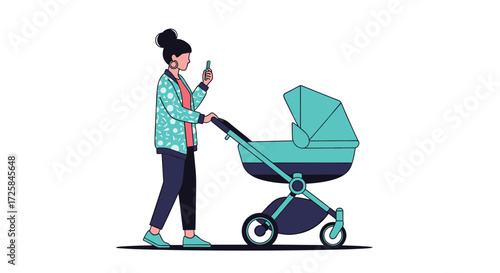 A mother is walking with a baby stroller while looking at her phone.