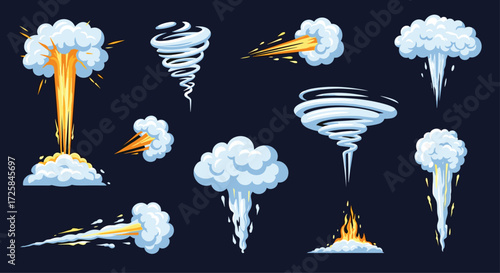 Collection of cartoon explosions and tornadoes pixel art.