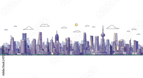 Modern cityscape with tall buildings and clear skies.