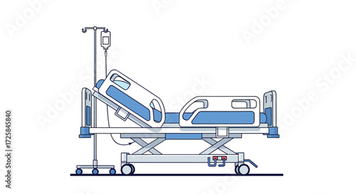 A detailed illustration of a modern adjustable hospital bed with an IV drip.