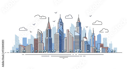 Modern city skyline with tall buildings and abstract shapes.