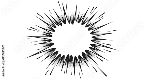 An abstract explosion of radiating lines and sharp pointed shapes originating from a central bright circle.