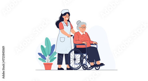 Caring nurse helps elderly woman in wheelchair with a plant.