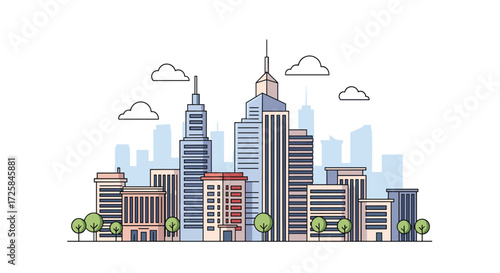 Modern city skyline with tall buildings and clouds.