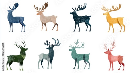Colorful Reindeer Illustrations: A collection of vibrant, stylized illustrations showcases various reindeer designs in a playful array of colors and forms.