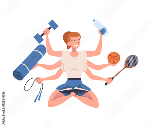 Multitasking Woman Character with Many Hands Do Sport Vector Illustration