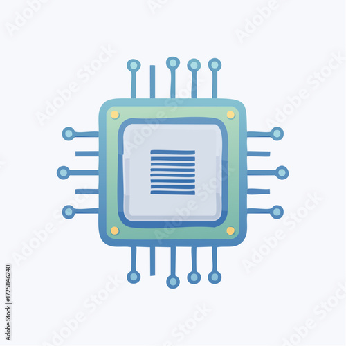 A stylized illustration of a central processing unit (CPU) chip with multiple pins extending outwards.