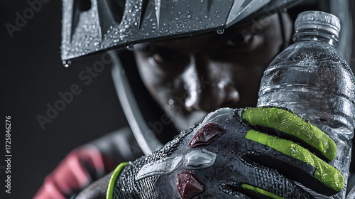 Athletes adjusting gloves, helmet and with water bottle