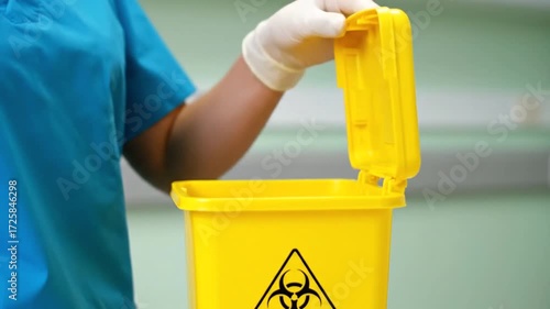 Medical professional disposing of waste in a biohazard container