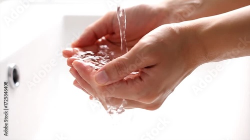 Hands cupping water under a flowing faucet in a clean, bright bathroom setting.