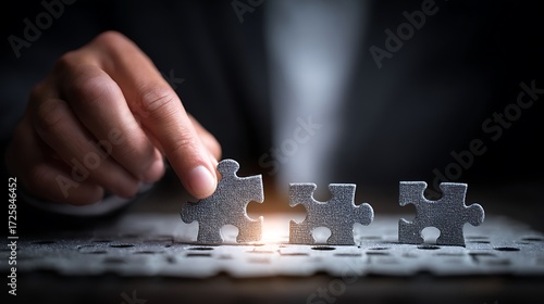 Businessman manipulating puzzle pieces as a strategy concept