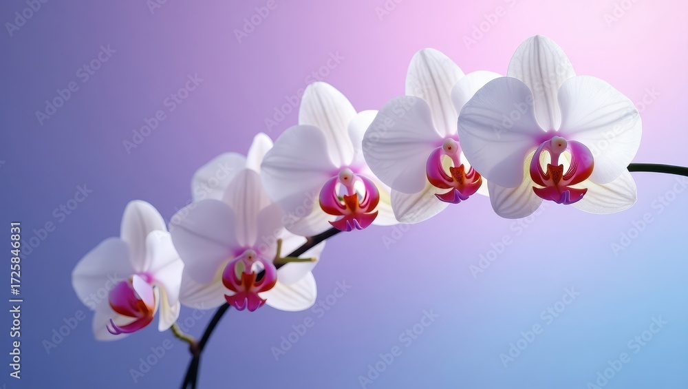 Fototapeta premium Delicate white orchids with vibrant pink accents gracefully positioned against a soft ombre background.