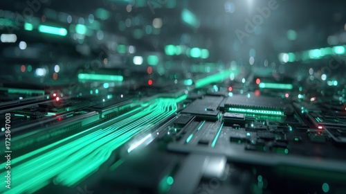 A futuristic circuit board design with glowing turquoise lines and intricate components, creating a dynamic and technical aesthetic.