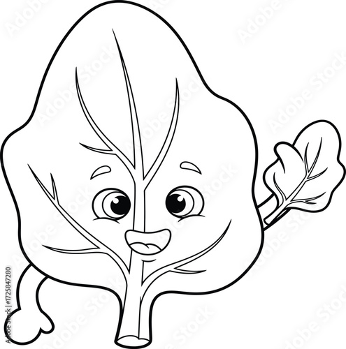 Happy Cartoon Spinach Leaf Waving - Healthy Food Line Art Illustration for Kids