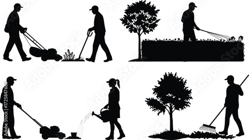 Gardening silhouettes, lawn care, people working in garden, man mowing grass, woman watering plants, tree care, raking leaves,