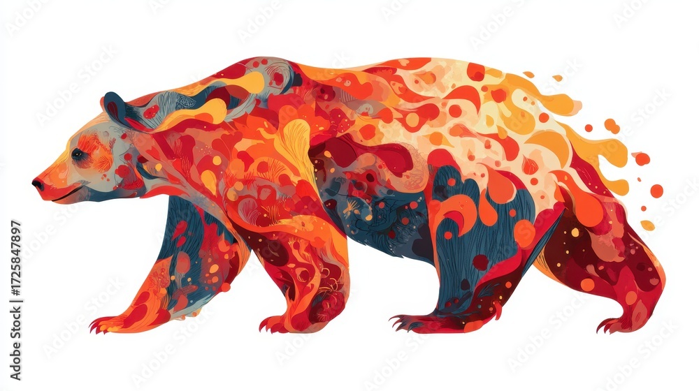 Fototapeta premium Vibrant bear illustration: A striking digital illustration of a bear, rendered in a vibrant palette of warm colors, walking across a clean canvas. 