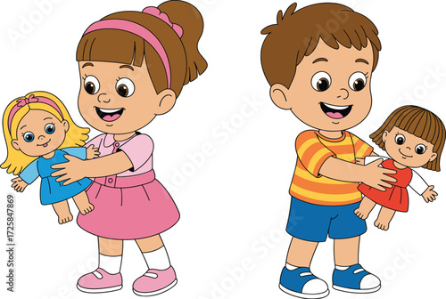Cartoon children playing with dolls, boy and girl illustration, happy kids artwork, childhood toy concept, colorful vector, inclusive playtime, nurturing fun