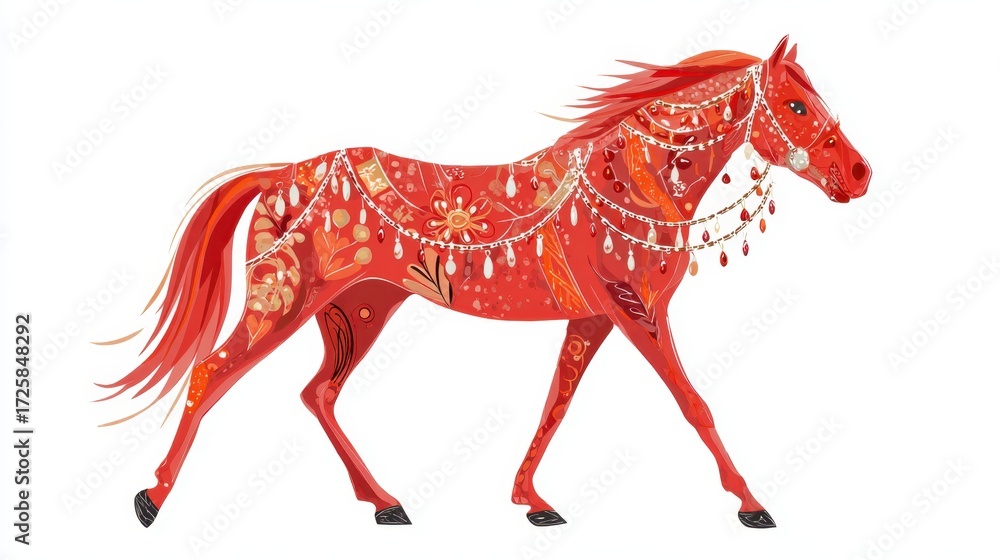 Obraz premium Enchanting Horse Illustration: A captivating illustration showcases a vibrantly decorated horse, adorned with intricate patterns and embellishments.