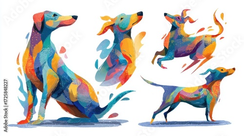 Vibrant Canine Montage: A captivating artistic rendering of four uniquely stylized dogs, each showcasing a mosaic of colorful hues and expressive poses.