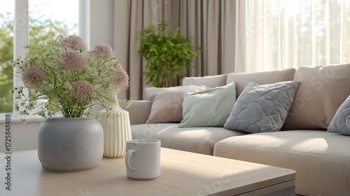 Living room of a house with a fresh aroma and a clean and calm atmosphere that highlights the softness of its pastel colors