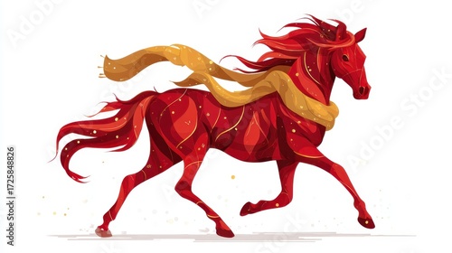 Crimson Stallion's Gallop: A vibrant and dynamic illustration of a powerful red horse galloping forward with wind-swept mane and an elegant scarf. Depicting action and speed.