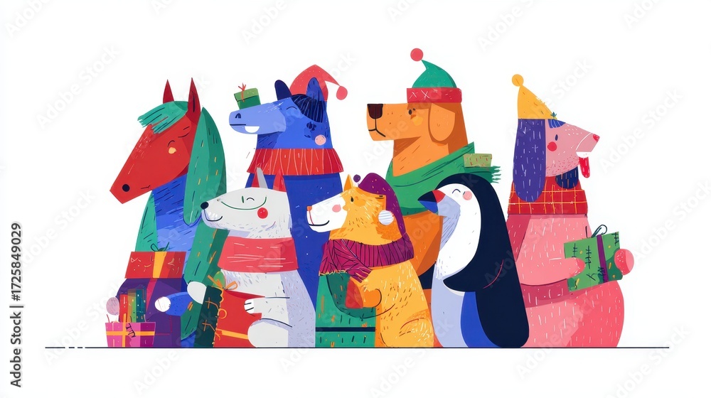 Naklejka premium Joyful Animal Gathering for the Holiday: A whimsical illustration of a diverse group of animals adorned in festive attire, exchanging gifts, and radiating a sense of camaraderie and holiday spirit.