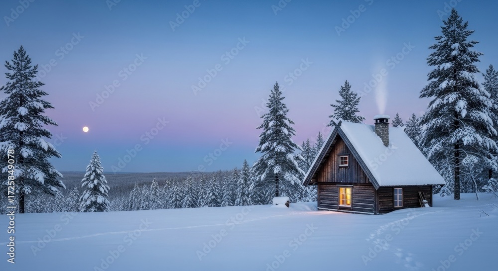 Naklejka premium A cozy wooden cabin with a glowing window and smoking chimney in a serene snowy winter forest landscape at twilight under a full moon and colorful sky.