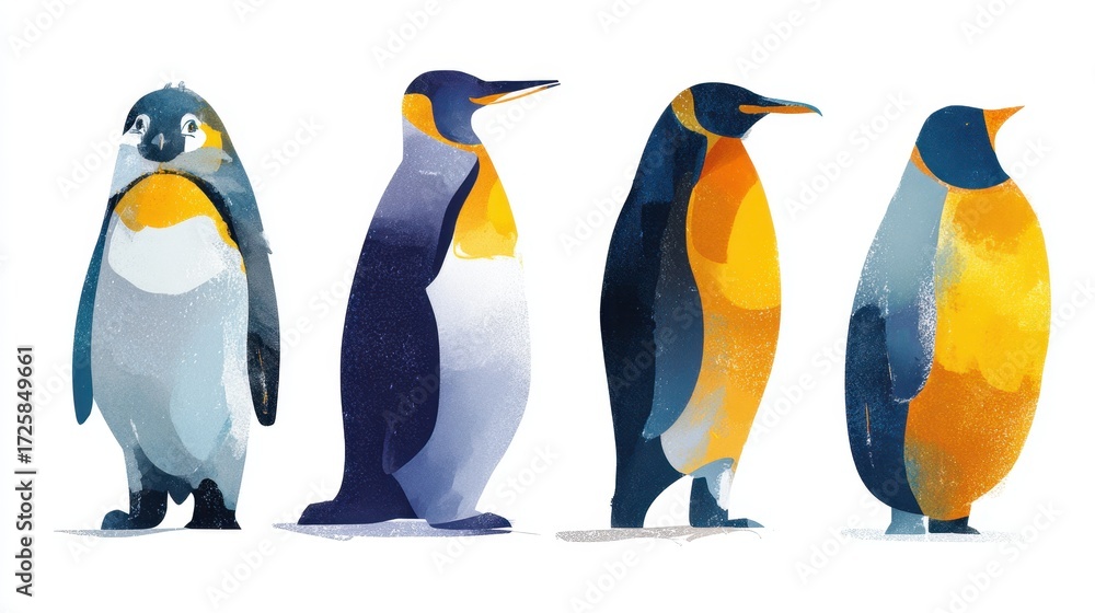 Fototapeta premium Penguin Parade: A charming array of watercolor-style penguins of varying species, exuding personality with each unique pose and color palette.