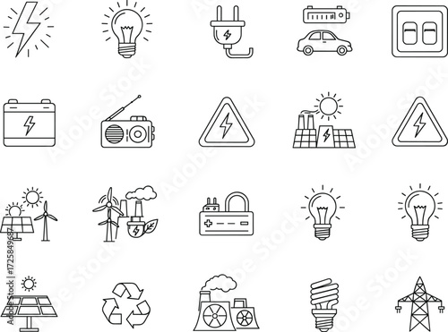 Electricity icon set, energy symbols, solar panel, wind turbine, battery, plug, light bulb, recycle, power plant, electric car, hazard sign, t