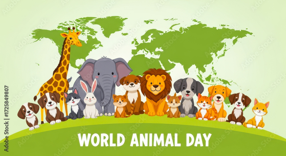 Naklejka premium Diverse group of cute cartoon animals celebrating world animal day on a green earth map background