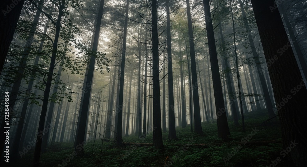 Naklejka premium Misty evergreen forest with tall, slender trees reaching towards the foggy sky, showcasing dense undergrowth and atmospheric lighting, creating a serene woodland scene.