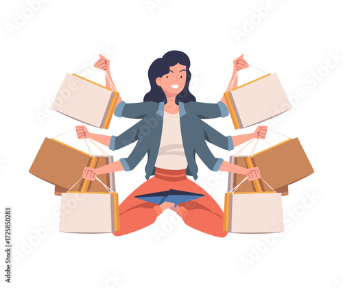Multitasking Woman Character with Many Hands Holding Shopping Bags Vector Illustration