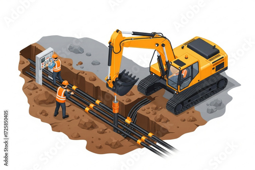 Isometric Construction Illustration of Excavator Installing Underground Utility Cables with Workers
